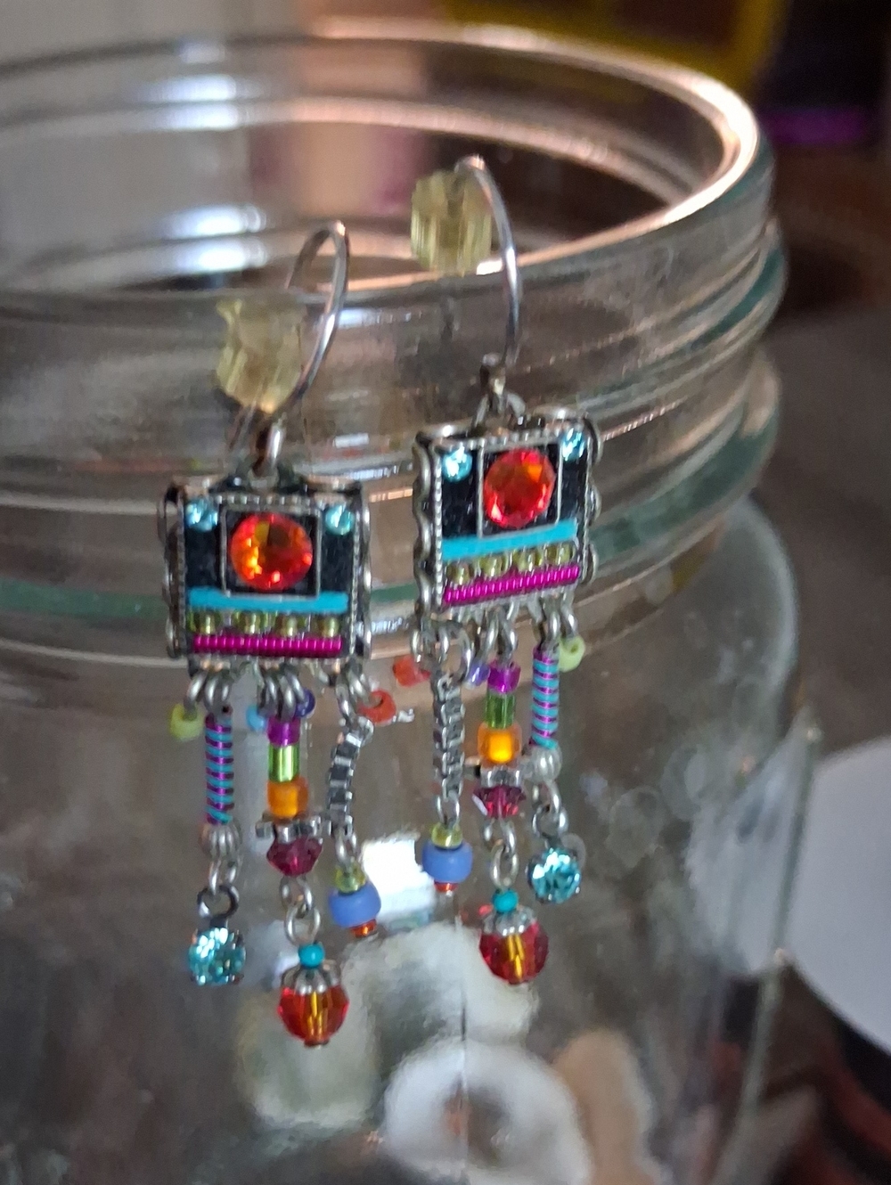 Vintage Sante Fe Crystal Colorful Beaded Dangle Southwest Earrings - Multicolor